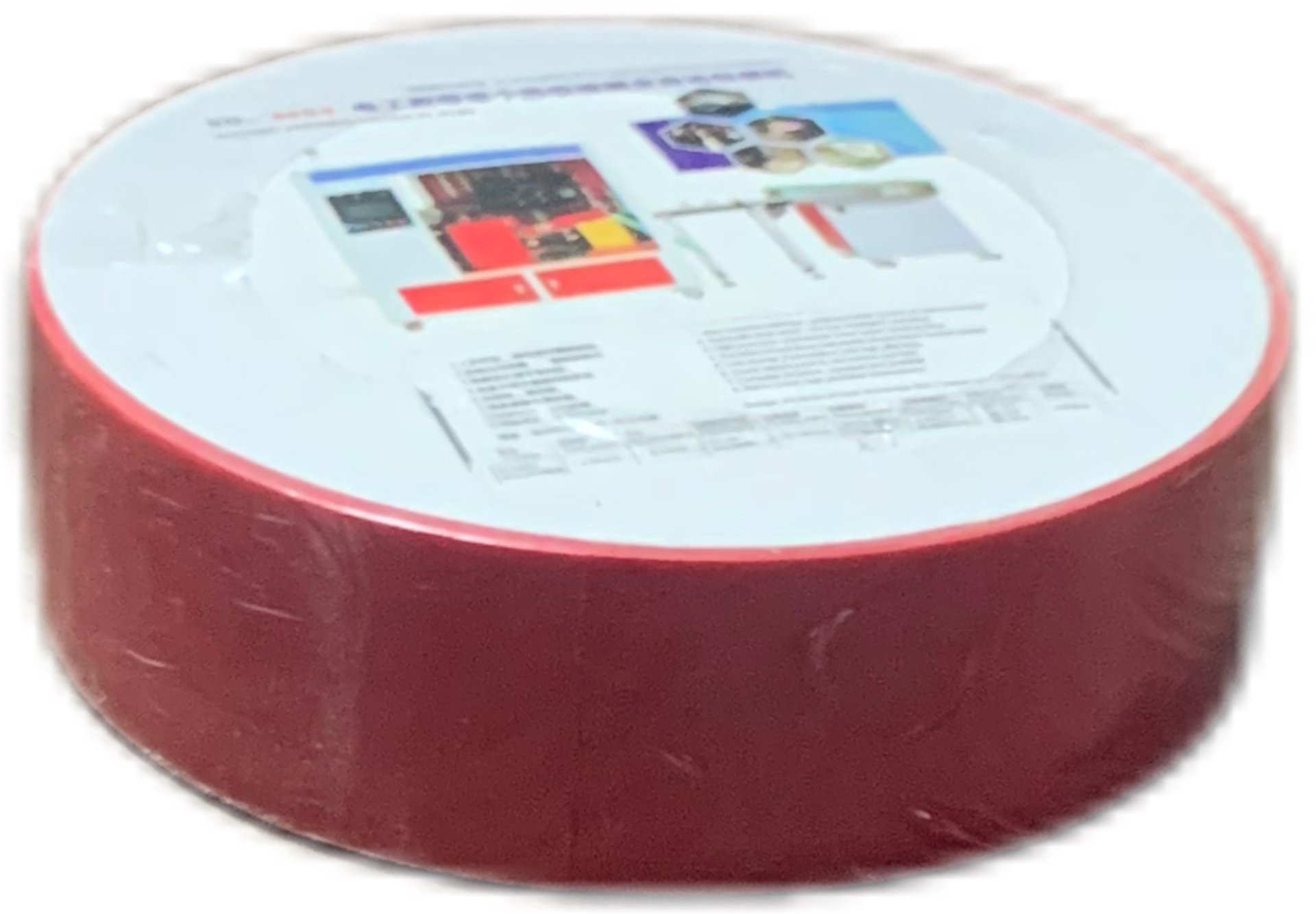 Shrink-wrapped tape roll with printed paper card on top