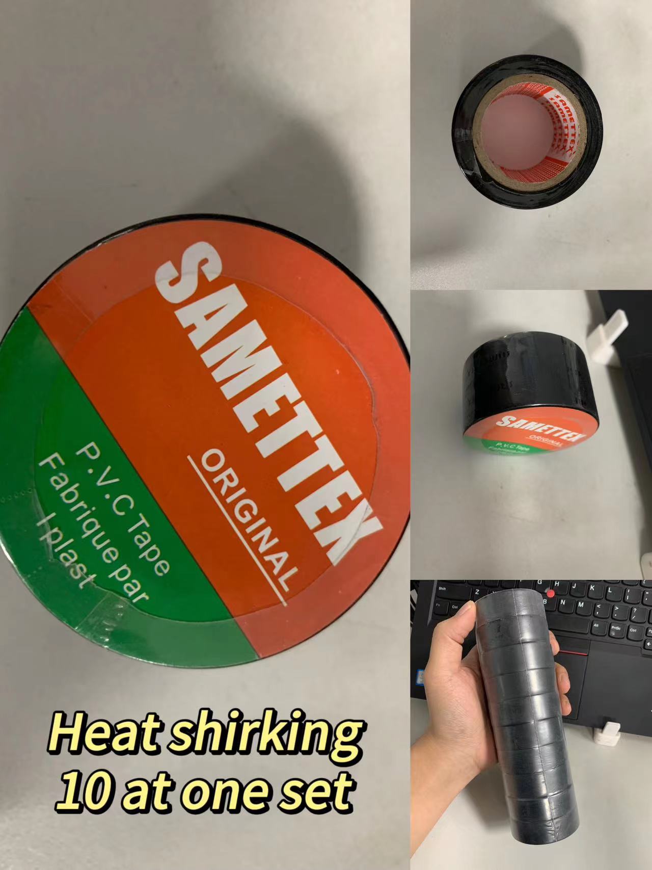 PVC electrical tape rolls packed by SD-60SS, single roll with paper card and 10-roll shrink set